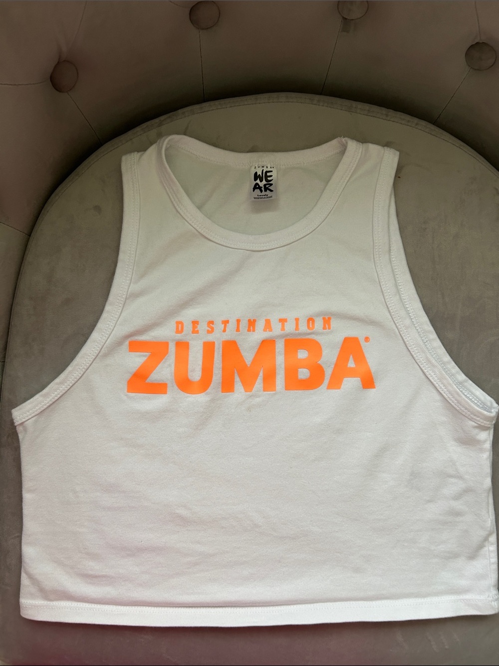Zumba Fitness White Crop Tank with Neon Orange Logo